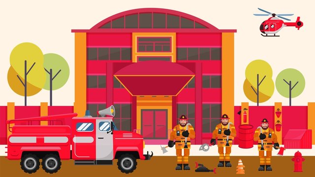 Fire station vector illustration. Firefighters cartoon men team near fire truck engine in front of rescue service building. Flying helicopter. Emergency safety equipment.