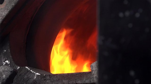 Coal fire of a steam engine close up 4K