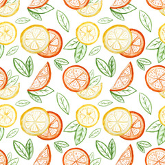 Citrus seamless pattern. Watercolor slices of mandarin, orange, lemon and leaves. Hand-drawn illustration on white background.