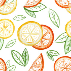 Citrus seamless pattern. Watercolor slices of mandarin, orange, lemon and leaves. Hand-drawn illustration on white background.