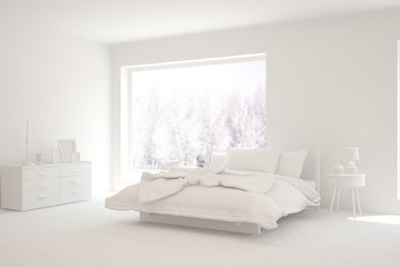 Modern bedroom in white color. Scandinavian interior design. 3D illustration