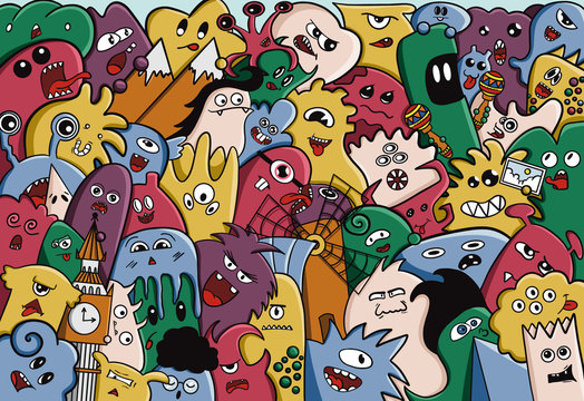 seamless pattern with funny monsters doodle