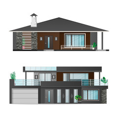 Set of Modern houses, cottage, town house with shadows. Architectural visualization of the cottage outside. Realistic vector illustration.