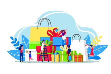 Shopping people with gifts vector illustration isolated on white. Smiling women, children and man characters with gift boxes and paper bags with goods. Pleasure of purchase. For sales and discounts.
