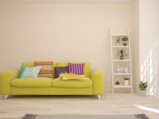 Modern living room in white color with sofa. Scandinavian interior design. 3D illustration