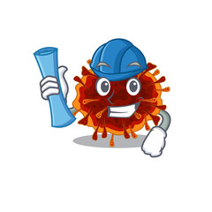 Naklejka premium Smiling Architect of delta coronavirus having blue prints and blue helmet