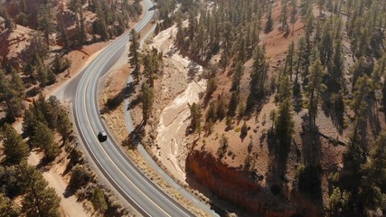 Top shot of car on curved side road