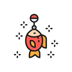Fish on hook, fishing bait, lure flat color line icon.