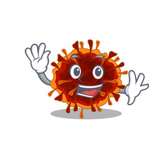 Smiley delta coronavirus cartoon mascot design with waving hand