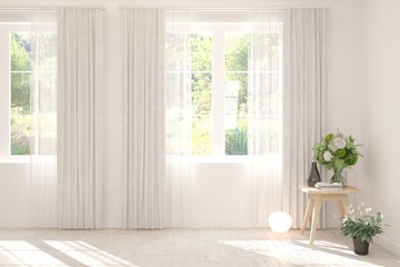 Fototapeta na wymiar White empty living room with summer landscape in window. Scandinavian interior design. 3D illustration