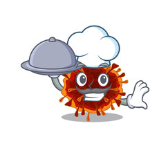 Delta coronavirus as a chef cartoon character with food on tray