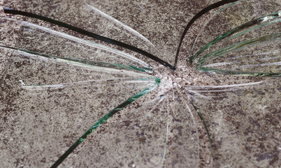 The glass is broken into pieces on the cement floor.