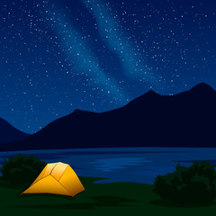Landscape with silhouettes of mountains and stars in the sky and Milky Way. Night mountain landscape with illuminated orange tent. Vector vertical illustration for hike, track, camp in a flat style.