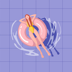 Swimming pool top view background. Girl sunbath on ring in the swimming pool. Realistic summertime illustration. Pool party. Summer poster.