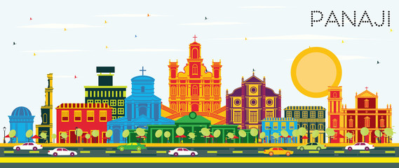 Panaji India City Skyline with Color Buildings and Blue Sky. - obrazy, fototapety, plakaty