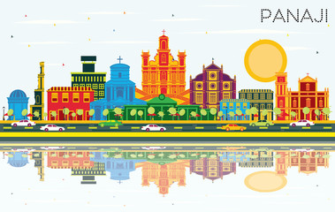 Obraz na płótnie Canvas Panaji India City Skyline with Color Buildings, Blue Sky and Reflections.