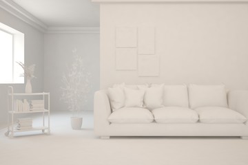 White minimalist living room with sofa. Scandinavian interior design. 3D illustration