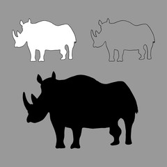 Graphic vector outline, white and black silhouette of a rhino isolated on gray background