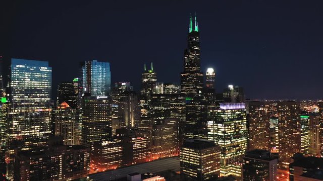 Downtown Chicago at Night - Aerial Shot