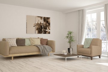 White living room with sofa and winter landscape in window. Scandinavian interior design. 3D illustration