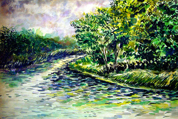 Art Watercolor painting Fine art  river , tree ,  Countryside ,  landscape