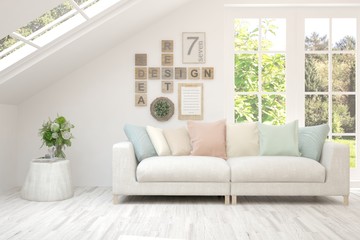 White living room with sofa and summer landscape in window. Scandinavian interior design. 3D illustration