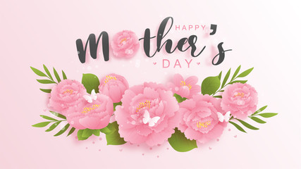 Happy mother's day background with colorful flowers and butterflies. Paper cut vector illustration.