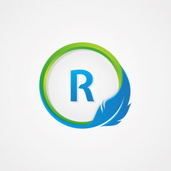 Letter R inside Round shaped feather icon for element design symbol