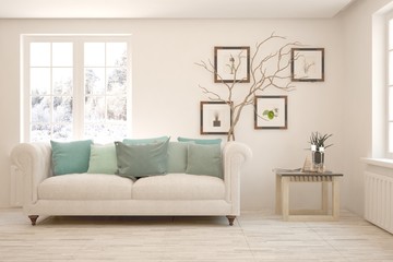 White living room with sofa and winter landscape in window. Scandinavian interior design. 3D illustration