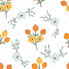Obraz na płótnie Canvas Decorative hand drawn berries with flowers seamless pattern with leaves branches for print, textile, wallpaper. Trendy botanical background.
