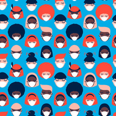 Coronavirus pandemic. Covid-19. seamless pattern with people of different nationalities in white medical face masks on blue background