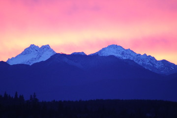 Olympic Mountains with gentle pink and yellow sunset