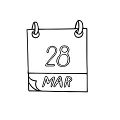 calendar hand drawn in doodle style. March 28. Earth Hour, date. icon, sticker, element