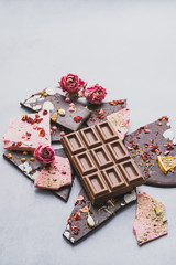 Dark milk chocolate whole bar decorated with pieces of fruit nuts and slices gray background. Minimalism is monochrome.