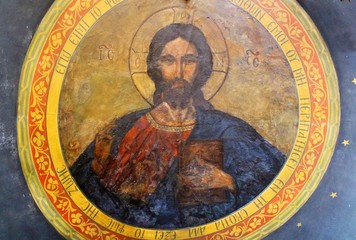 Obraz na płótnie Canvas Dome fresco of Jesus Christ inside an old byzantine orthodox church in Athens, Greece 