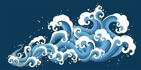 Ukiyo-e style splashing ocean tide - obrazy, fototapety, plakaty