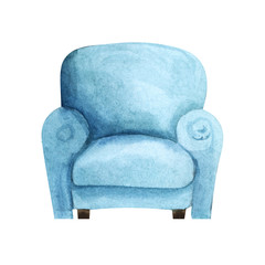Turquoise cozy and soft armchair for comfortable rest. Hand drawn watercolor piece of furniture isolated on white background. Template illustration for scrapbooking.