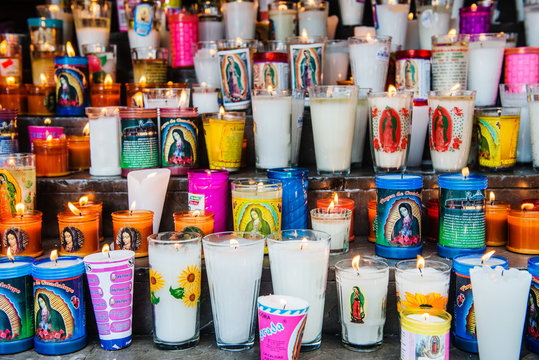 Group of colorful candles outside of a church in Mexico City, Mexico