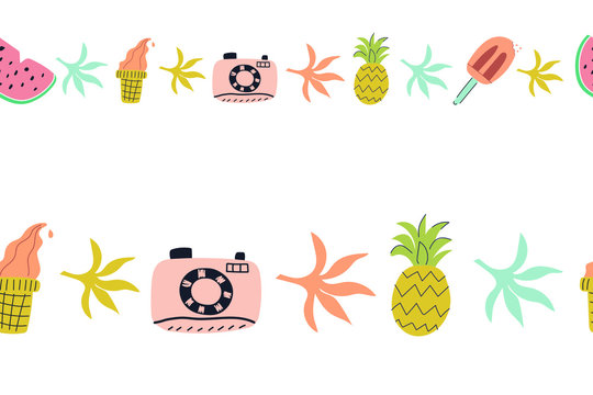 Seamless borders of color camera, pineapple, palm leaves, ice cream and other. Design for nursery print, duct tape, adhesive tape, wallpaper, summer elements. Flat vector illustration.