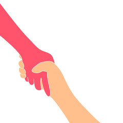 Two hands, helping hand to a friend. Hand to hand holding jointed connect for team, show love relationship teamwork together. Vector illustration isolated on white background.