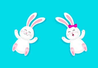 Cute cartoon bunny boy and girl. Happy Easter day concept. Cartoon character design. Vector illustration isolated on blue background.