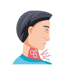 man with sore throat on white background