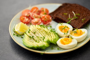 food, eating and breakfast concept - toast bread with cherry tomatoes, avocado, eggs and greens on ceramic plate