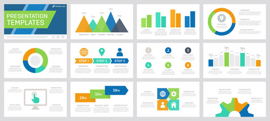 Set of blue, green, turquoise and orange elements for multipurpose presentation template slides with graphs and charts.