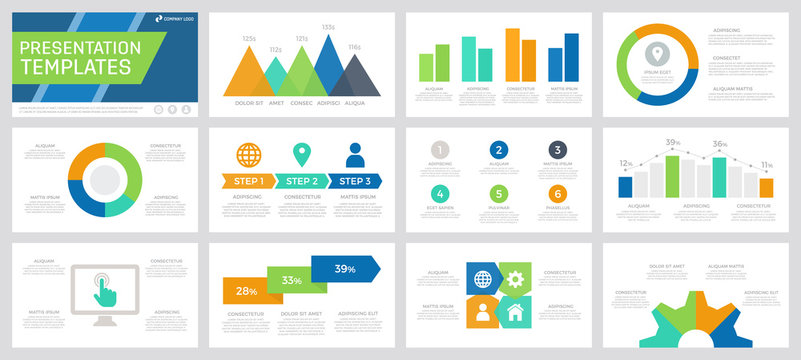 Set of blue, green, turquoise and orange elements for multipurpose presentation template slides with graphs and charts.