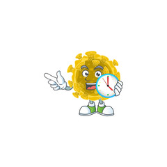 cartoon character style of cheerful infectious coronavirus with clock