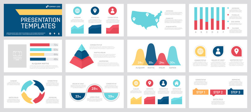 Set of yellow, red, blue and turquoise elements for multipurpose presentation template slides with graphs and charts.