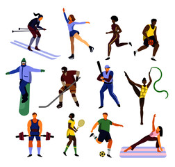 Fototapeta na wymiar Illustrations that is showing different athletes go in for sports (skiing, skating, running, basketball, snowboarding, hokey, baseball, rhythmic gymnastics, fitness, tennis, football, yoga)