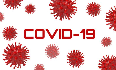 Covid-19 banner. Red virus bacteria cells 3D render background image on white background. Flu, influenza, coronavirus model illustration