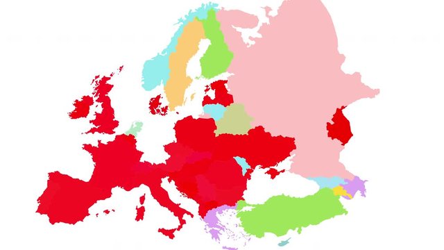 Computer graphic map of Europe turns red simulating the spread of a virus.